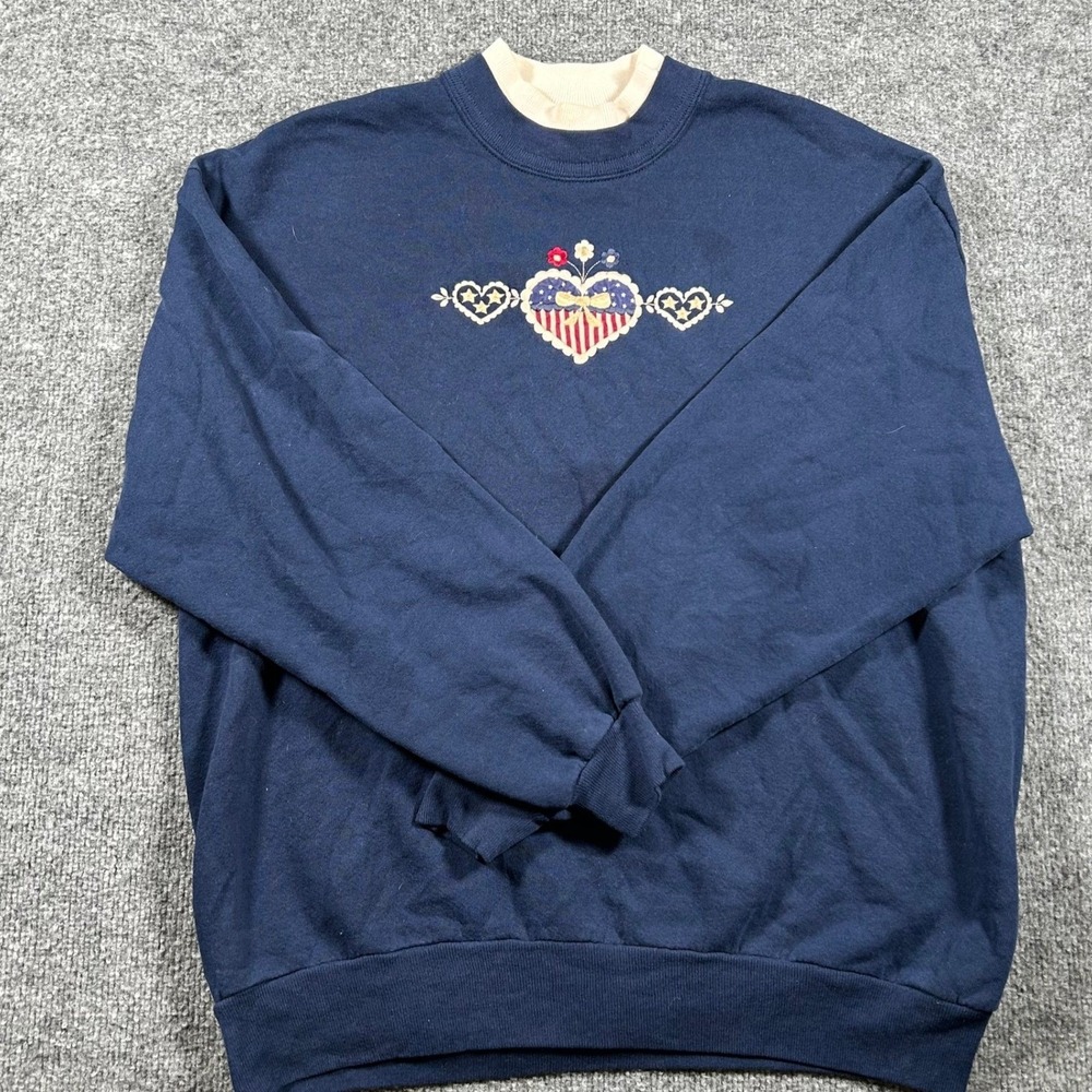 Vintage Sweatshirt Womens XL Navy Blue Embroidered Heart Patriotic Double Collar